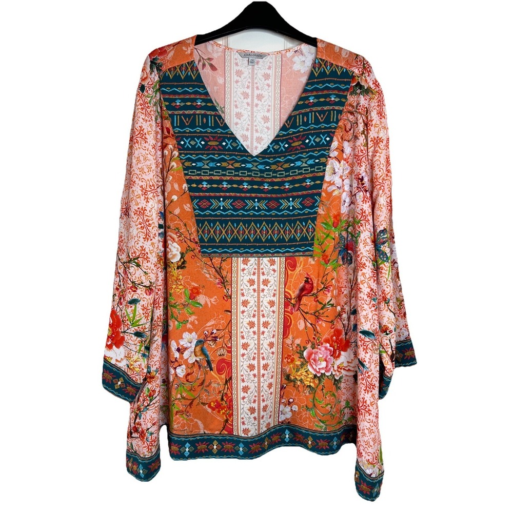 NWT $129 John Mark Women's 2X Orange Cardinal‎ Floral V-Neck Tunic Top Blouse